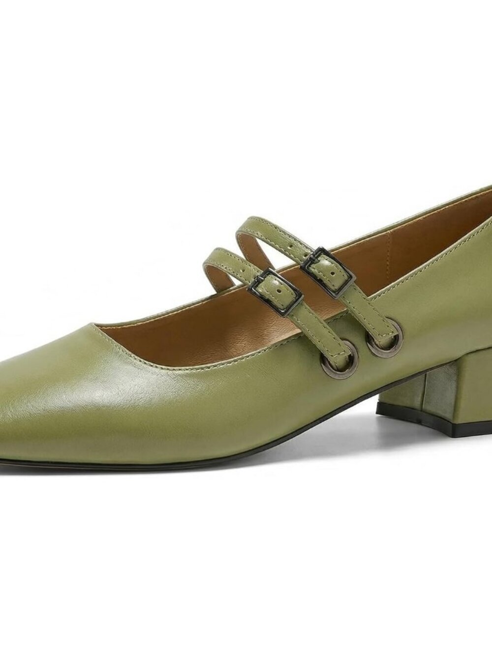 Women's Green Mary Jane Low Pearl Heels Closed Square Toe Pumps Ballet Shoes